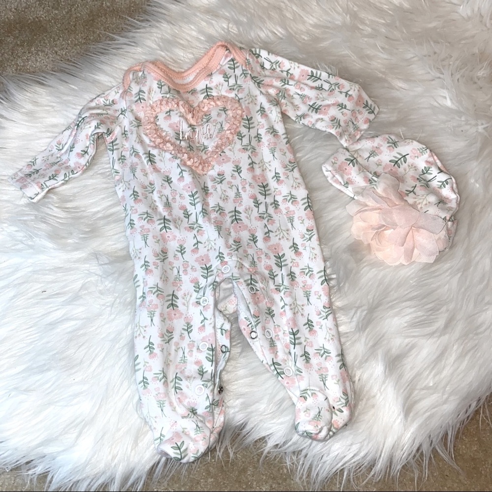 Baby Starter’s Girl’s Pink Floral Pajama and Cap Set 3M